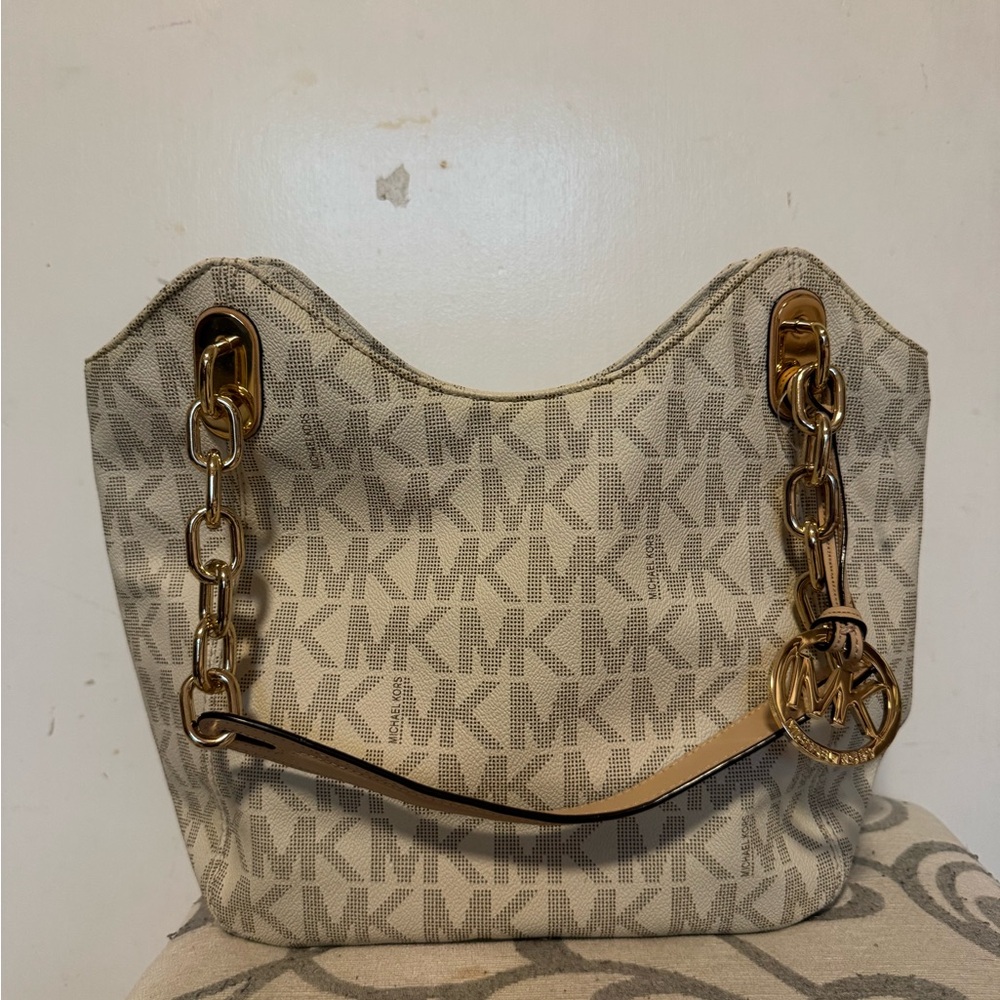 Michael Kors Cream Monogram Shoulder Tote Bag